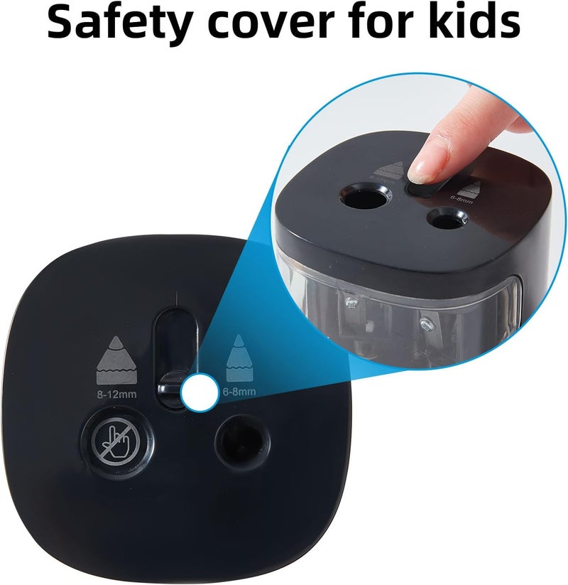 tenwin Electric Pencil Sharpener, Dual Hole Pencil Sharpeners Battery Powered, Small&Portable, Fit for 6-12mm No.2/Colored Pencils, Kids, School/Home (Black) - Image 4